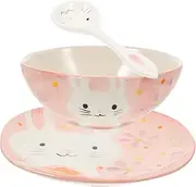 MOLUCKFU Boys and Girls Plates and Bowls Set 4 Piece Ceramic Dinnerware Set Cartoon Bowl and Plate Rabbit Pattern Dishware