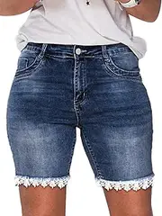 [Flamingals] Jean Shorts for Women Lace Trim Mid Waist Summer Trendy Stretchy Denim Shorts