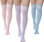 [SERICI] 3 Thigh Length Socks | Womens Striped Cotton Thigh High Tube Sock | Girls Over Knee Boot Socks
