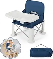 BABY JOY Travel Booster Seat with Double Tray, Folding Portable High Chair Booster Seat for Dining Table, Indoor/Outdoor Use, Camping, Beach, Lawn, Compact Baby Seat with Straps & Carrying Bag (Blue)