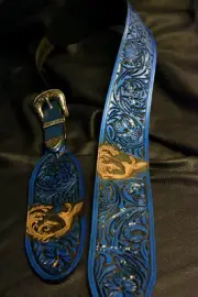 Guitar strap hand tooled 3.5" " Floral Riffs Antiqued" hummingbird Pearl blue