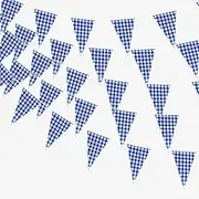16 Meters 52ft Blue and White Cotton Fabric Checkered Party Bunting Decoration, Double Sided Triangle Gingham Pennant Banner Flags for Picnic Boy Birthday Baby Shower Dcorations