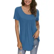 Catzon Womens Summer Short Sleeve Pleated Blouse Flowy Tunic Top-Sky Blue