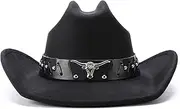 [thuizen] Western Metal Silver Bull Decor Pinch Crown Rolled Fedora Cowboy Hat