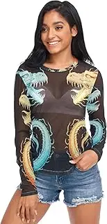 [RPLIFE] Teal Orange Dragons Black Mesh Top Women, See Through Long Sleeve Tops for Women S-XXL