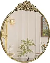YIDIE Round Mirror, 24''Baroque Style Wall Mirror Metal Frame Circle Mirrors for Entryway, Living Room or Bedroom,Retro Gold