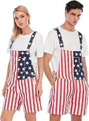 [Jumpfolia] Unisex Patriotic American Flag Print Denim Bib Overall Shorts Jeans-Mens & Womens One Piece Jumpsuit