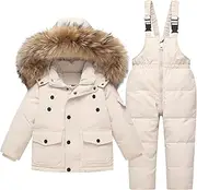 [Fewlby] Children's Snowsuit 2 Piece Ski Suits - Down Jacket with Hood + Snow Dungarees, Winter Clothing Set Boys Girls Winter Jacket and Ski Trousers Outfit Set