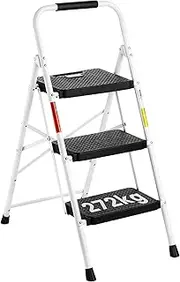 BONTEC 3 Step Ladder, Capacity 272KG with Wide Anti-Slip Pedals, Folding Steel Step Stool, Sponge Handlebar, Lightweight Portable Ladder Suitable for Home, Kitchen, Pantry, Indoor/Outdoor Use, White