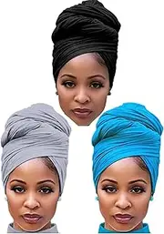 3Pcs Long Soft and Stretchy Headwrap,Breathable Large Turban Hair Jersey Scarf (Black+ Sky Blue+ Light Gray, One size)