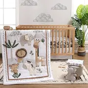 The Peanutshell Safari Crib Bedding Set for Boys or Girls, 4pc Organic Cotton Crib Comforter Set, Elephant Giraffe Monkey Zebra Nursery Decor, Neutral Grey, White, Tan, Green