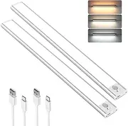 2-Pack Motion Sensor Closet Lights, 3-Color-Temps Dimmable Under Cabinet Lighting, Wireless USB Rechargeable LED-Wall Light Bars for Stairs/Wardrobe/Hallway/Kitchen/Camping