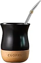 8 OZ Ceramic Yerba Mate Cup with Original Wood Base, Includes Mate Gourd, Bombilla Straw and Cleaning Brush - Perfect for Traditional Yerba Mate and Modern Style Drinking Mug (Black)