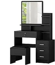 ALFORDSON Makeup Vanity Desk with 4 Storage Drawers, Mirror and Chair, Dressing Table Stool Set Dresser Organiser for Dressing Room, Black Colour