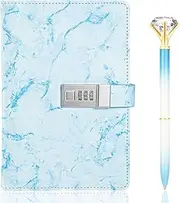 Zonon Diary with Lock Marble PU Leather A5 Journal Combination Lock Secret Personal with Diamond Pen(Blue)