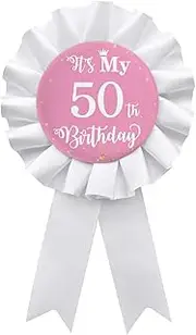 [WIDEIDEAL] It's My 50th Birthday Badge Button Pin, Happy 50th Birthday Girls White Corsage Award Ribbon Party Decorations Supplies - Pink Pattern, Plastic, no gemstone