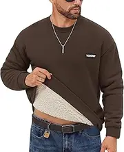 [VOGSTART] Men's Sherpa Lined Sweatshirt Crew Neck Fleece Pullover Cosy Winter Hoodies S-XXL, Coffee, M