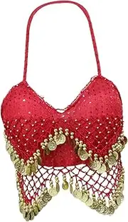 [Frediuo] Sequin Crop Top Belly Dance Costume,Glitter Bra Tops for Club Party Adult Women