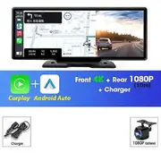 10.26" Dash Cam Rearview Camera Carplay & Android Auto 4K DVR Video Recorder GPS Navigation Dashboard Dual Lens 24H Park FM AUX 64G