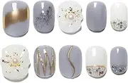 Sun&Beam Nails Handmade Press-on Short Square Round Flower Artistic Gold White Hand-drawn Design Fashionable False Nail Tips 10 Pcs Set (#166 S)