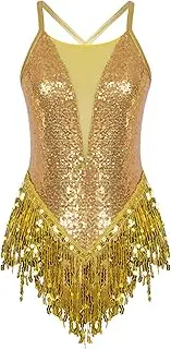 [Fldy] Womens Sequins Tassel Tango/Jazz/Latin Dance Leotard Sleeveless Fringed Bodysuit Dancewear