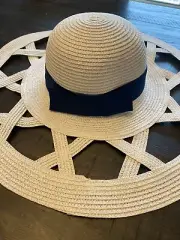 Womens Mud Pie White Navy Sun Hat Cut Out