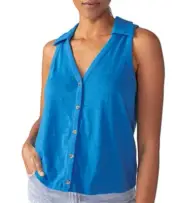 Sanctuary Women Point Collar Button Front Sleeveless Top Blue Wire Size S