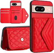 Case Compatible with Google Pixel 8 Wallet Cover [PU Leather + Shell + Card Slot] Magnetic Clasp Kickstand Red