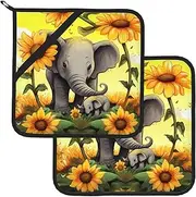 2 Pack Pot Holders for Kitchen Heat Resistant Potholders Mother Elephant Sunflowers Pot Holders Set Washable Hot Pads with Loop Non Slip Potholders for Cooking Baking BBQ Microwave 8 x 8 Inch