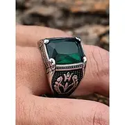 Vintage Men's Stainless Steel Emerald Gemstone Ring - Vintage Gothic Silver Statement Ring, Engraved Antique Style, Fashion Jewelry for Weddings, Parties and D