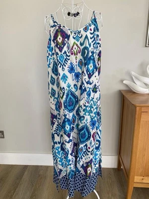 Next Ladies Strappy Maxi Beach Dress in Blue and White Multi, Size UK16 - BNWT