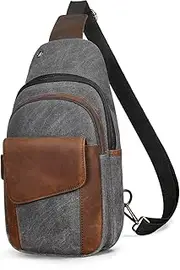 [Handadsume] Waterproof Canvas + Leather Hiking Travel Daypack Sling Crossbody Triangle Chest Pack Bag for Men Women FB8013