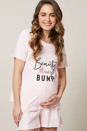 Pink Maternity Slogan Pyjama Set - Size XS, Women's Short Sets