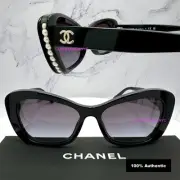 CHANEL Sunglasses Black Cat Eye Gold Metal CC Logo White 3D Pearls Authentic