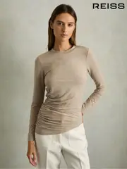 Reiss Neutral Lucia Asymmetric Ruched Top With Wool (AT0665) | $195