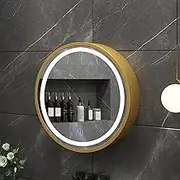 LED Round Mirror Bathroom Cabinet, Wall Mounted Bathroom Storage Cabinet, Single Door Wooden Cabinet with 2 Tier Shelves, Sensor Touch Control, 3000K-6000K Light Temperature, Gold-60c