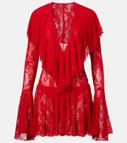 [Norma Kamali] Norma Kamali Ruffled semi-sheer lace minidress AU 14 red