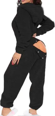 Sexy Adult Onesie Pajamas For Women Butt Flap Fleece Hooded One Piece Pajamas Womens Fluffy Sleepwear,black Friday Medium