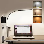 YOUYICI LED Desk Lamp with Clamp, Eye-Caring Clip Lights for Home Office, 3 Colors Stepless Dimming, Flexible Gooseneck Table Lamp with USB Adapter for Reading Working Workbench Drawing Gaming (Black)