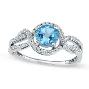 6.0mm Blue Topaz and 0.20 CT. T.W. Natural Diamond Split Shank Ring in Solid 10K White Gold