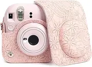 TYUANDOUER Protective Case for Fujifilm Instax Mini 12 Instant Camera, PU Leather Carry Case for Fuji Instax Mini 12 - Fuji Mini 12 Bag Cover with Strap - Embossed Pattern Pink