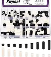 Swpeet 180Pcs Black White Nylon Round Spacer Standoff Screw Nut Assortment Kit, Nylon ABS Plastic Standoff ID 6.2mm OD 11mm, Length 3mm 5mm 6mm 8mm 10mm 12mm 18mm 20mm 25mm for M6 Screws Prototyping