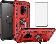 [Asuwish] Compatible with Samsung Galaxy S9 Case and Tempered Glass Screen Protector Ring Holder Stand Magnetic Metal Kickstand Cell Accessories Phone Cover for Glaxay S 9 Edge 9S GS9 Women Men Red