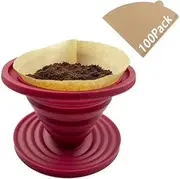 Collapsible Pour Over Coffee Dripper with 100pack Coffee Filter Paper or Camp Coffee, Reusable Silicone Coffee Filter Holder for Camping Red