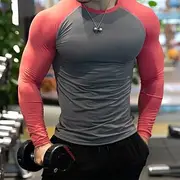 Men's Gym Shirt Compression Shirt Fitness Shirt Crew Neck Long Sleeve Casual Daily Gym Quick dry High Stretch Sweat wicking Patchwork Color Block Red Blue Hot