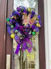 Large Mardi Gras Wreath Jester Mask Handmade Deco Mesh