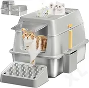 Gyugmhao Stainless Steel Cat Litter Box with Lid,Extra Large Litter Box for Big Cats,Enclosed Removable Metal Litter Box with High Sided Enclosure and Footboard,Anti-Leakage,Easy Cleaning,60×40×40cm