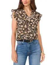 Vince Camuto Floral-Print Flutter-Sleeve Top Women's M Multi V-Neck Pullover