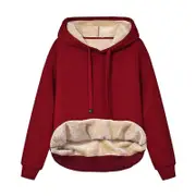 Nevenka Ladies Winter Warm Fleece Lined Pullover Casual Hooded Sweatshirt-Red