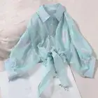 Ladies Chiffon Cropped Top Shiny Shirt Rainbow See Through Blouse Jacket Casual